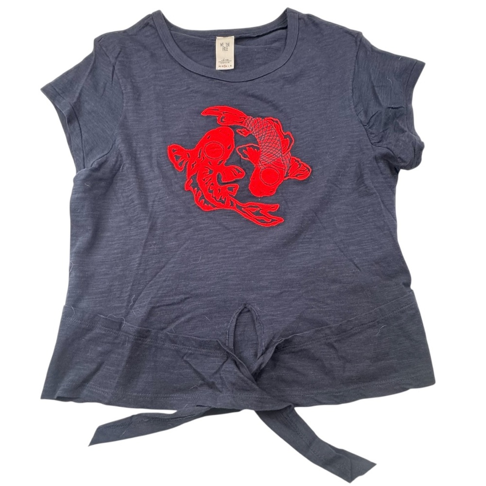 SOLD !!!!!! T-Shirt Women’s Size Small Blue Cotton We the free fish Tie Top Tee